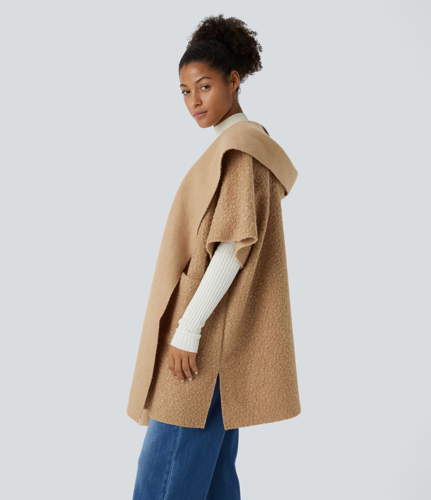 Hooded Waterfall Short Sleeve Side Pocket Split Casual Teddy Jacket