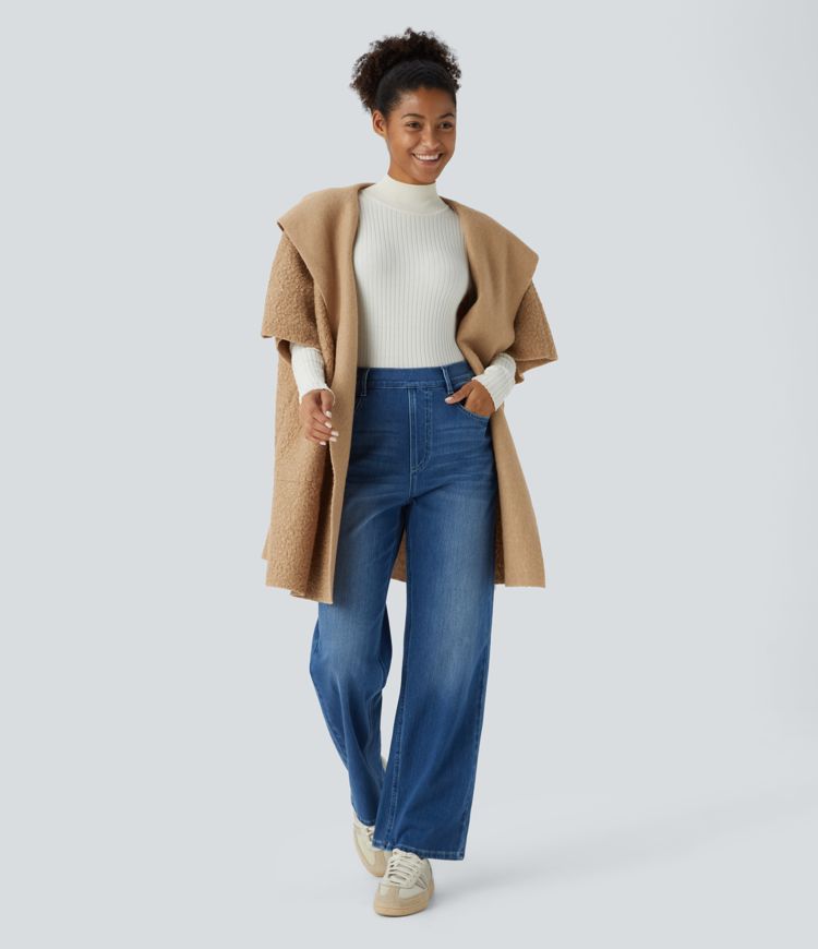 Chaqueta peluche capucha manga corta bolsillo lateral abertura cascada