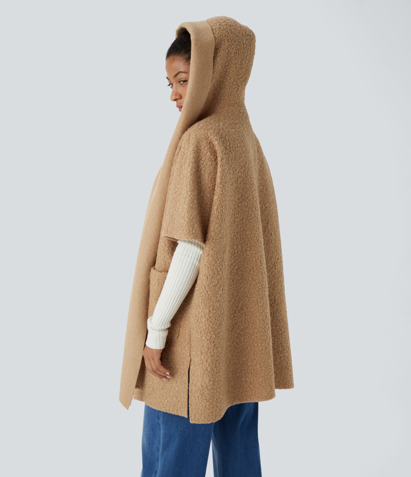 Hooded Waterfall Short Sleeve Side Pocket Split Casual Teddy Jacket