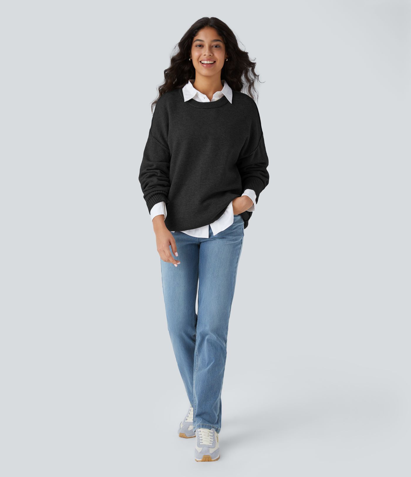 Round Neck Dropped Shoulder Long Sleeve Casual Jumper