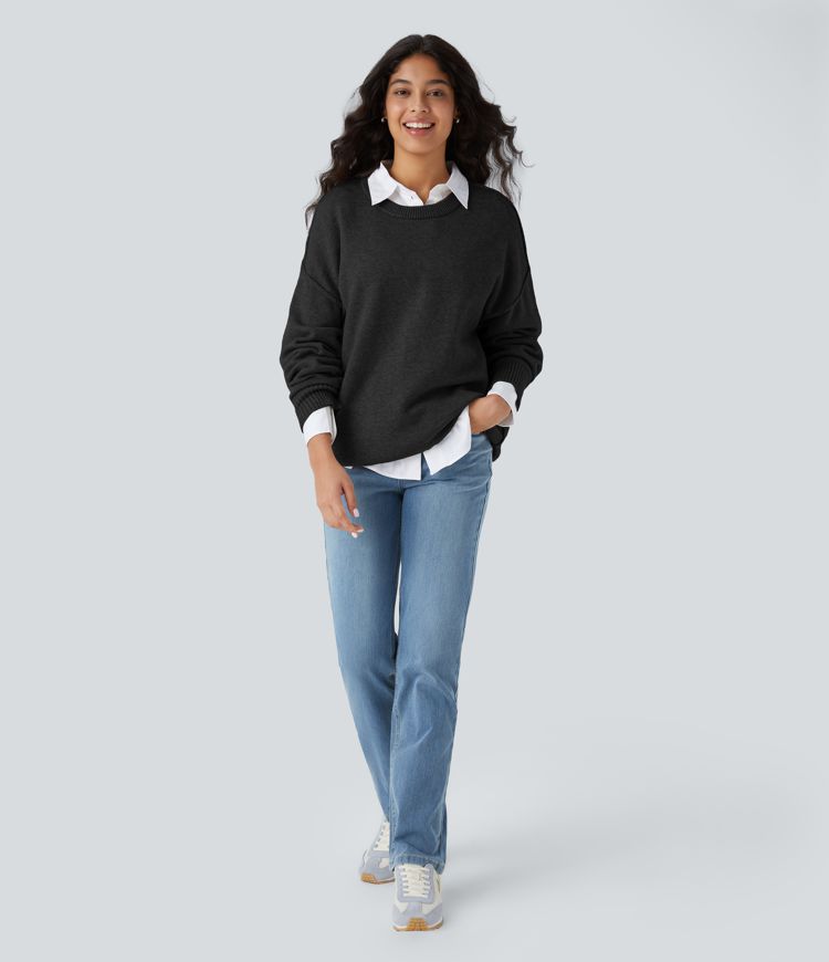 Round Neck Dropped Shoulder Long Sleeve Casual Jumper