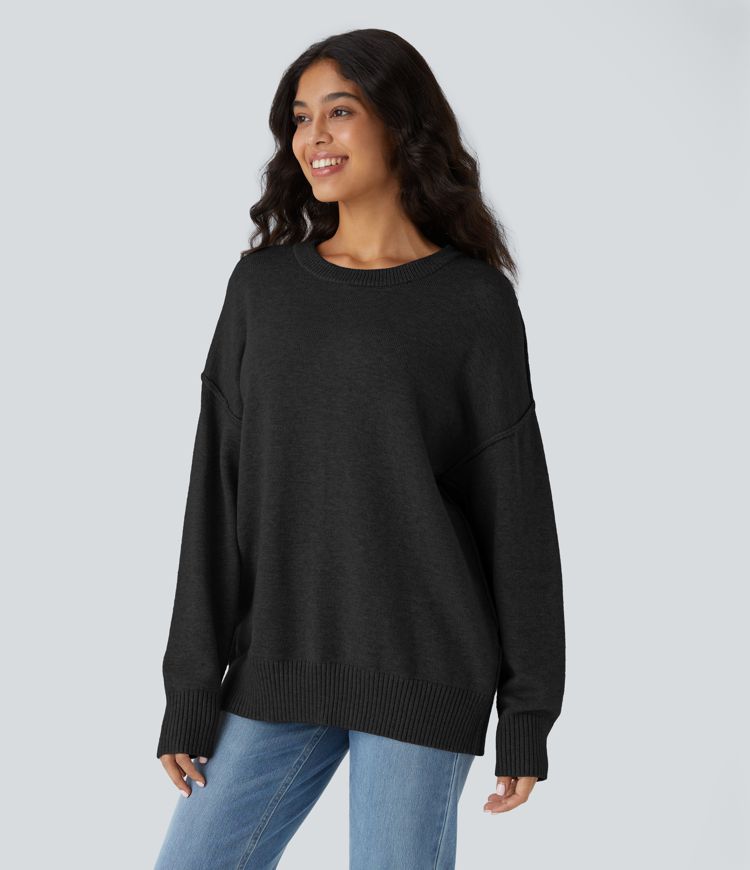Round Neck Dropped Shoulder Long Sleeve Casual Jumper