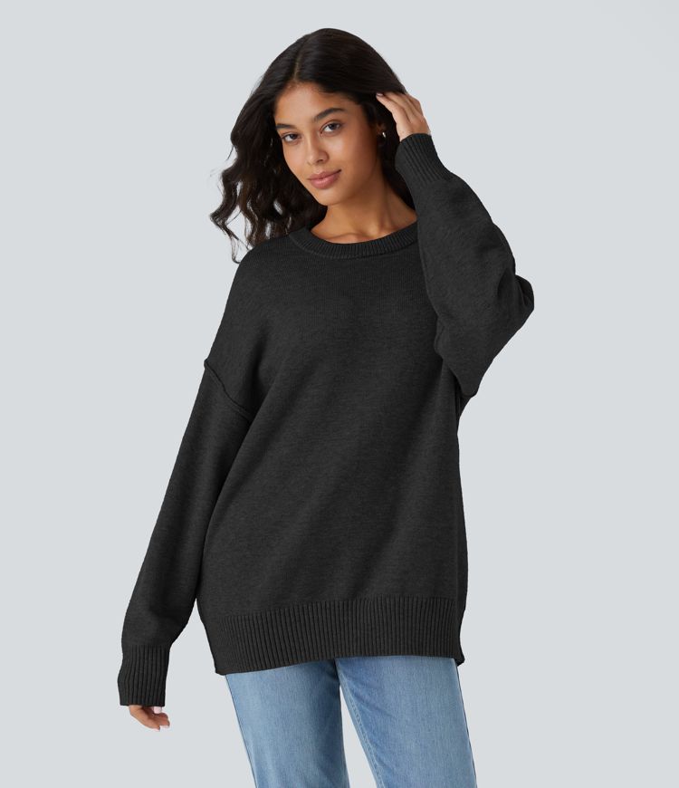 Round Neck Dropped Shoulder Long Sleeve Casual Jumper