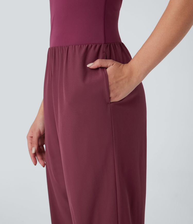 Breezeful™ Sleeveless Pockets Crossover Hem Capri Quick Dry Yoga Jumpsuit