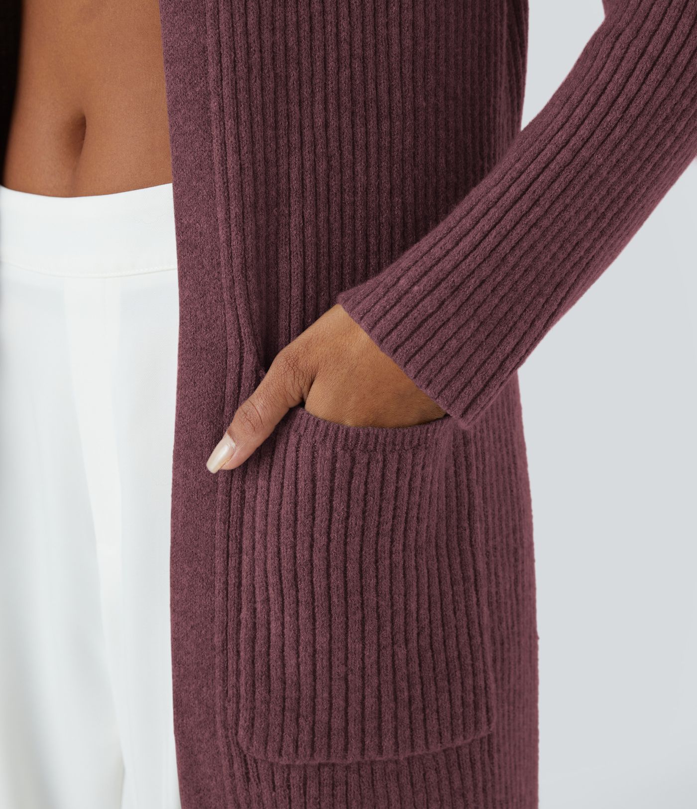 Geteilter Longline-Cardigan mit Kapuze, langen Ärmeln, Seitentasche