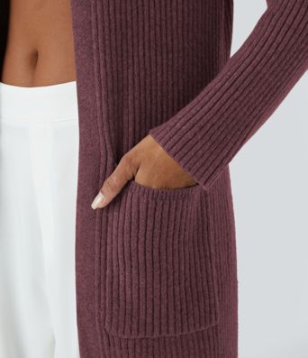 Geteilter Longline-Cardigan mit Kapuze, langen Ärmeln, Seitentasche