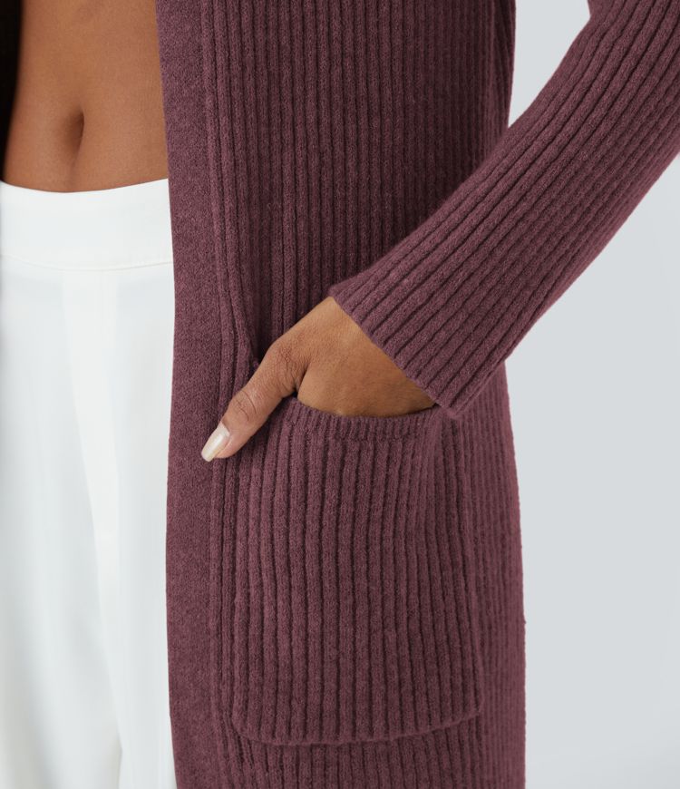 Geteilter Longline-Cardigan mit Kapuze, langen Ärmeln, Seitentasche