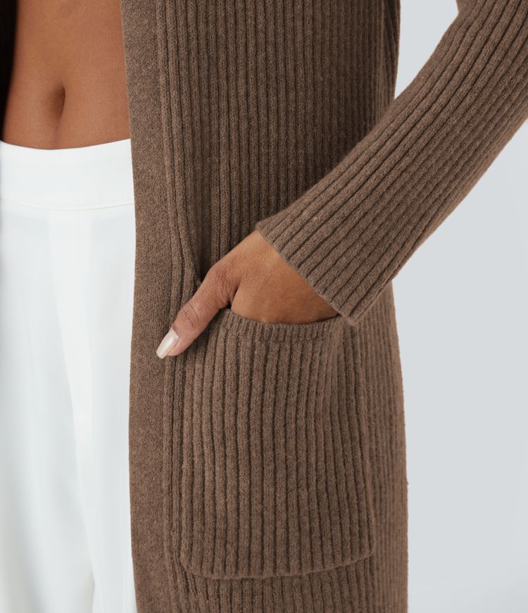 Hooded Long Sleeve Pocket Longline Casual Cardigan