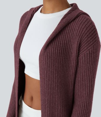 Geteilter Longline-Cardigan mit Kapuze, langen Ärmeln, Seitentasche