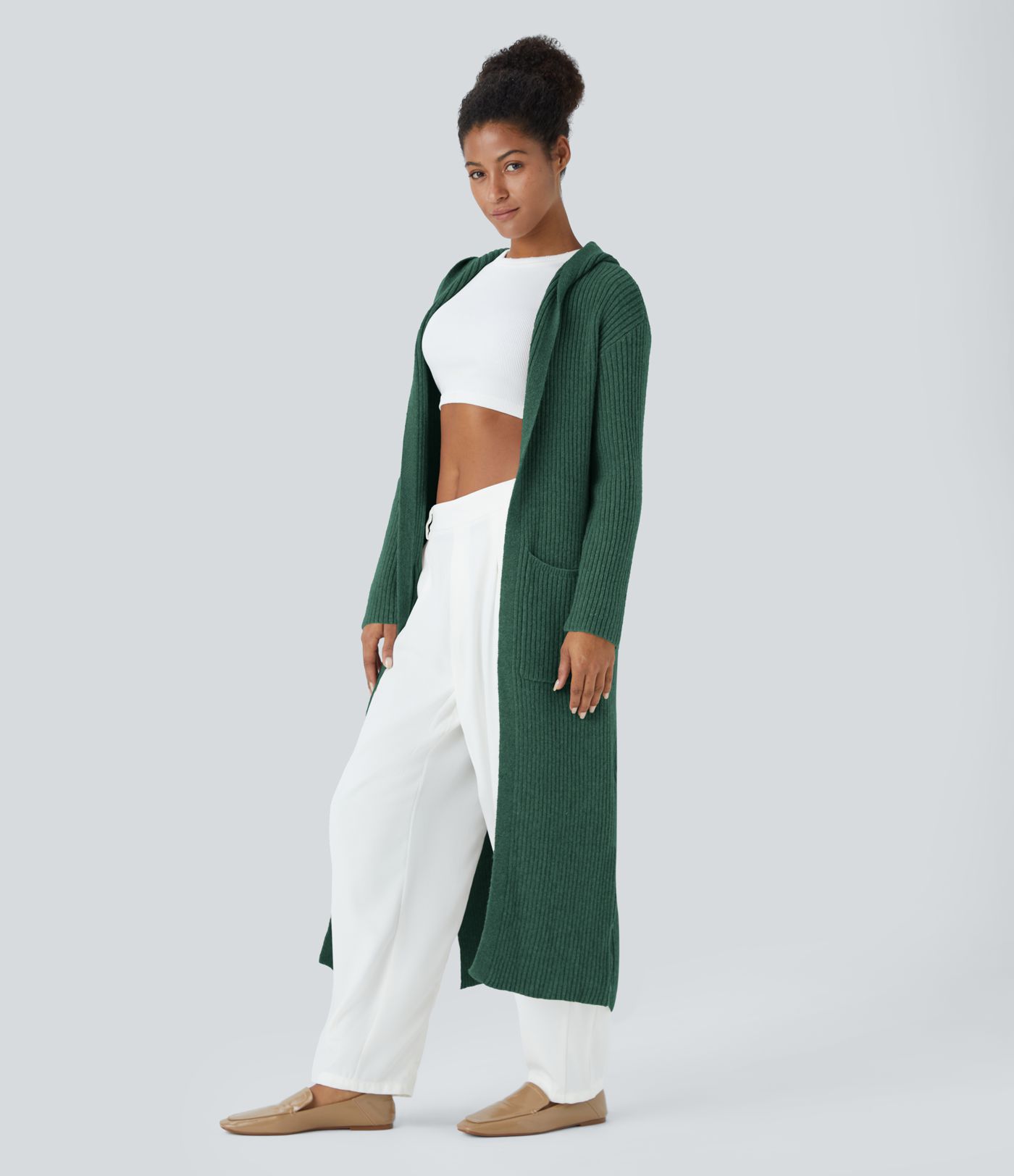 Cardigan lungo casual con cappuccio, maniche lunghe e tasca