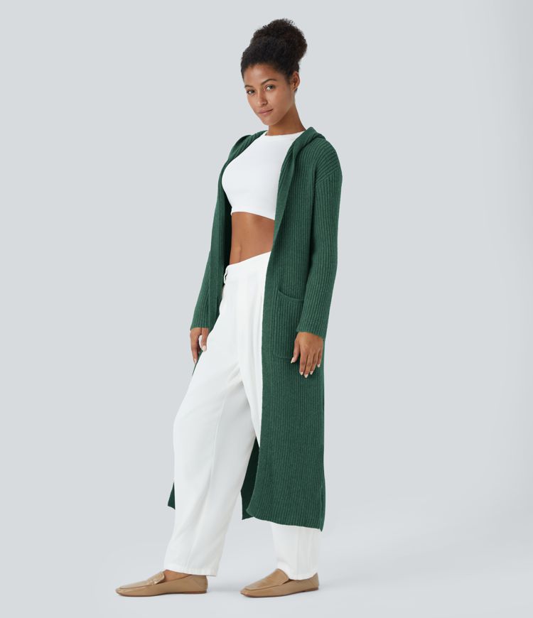 Cardigan lungo casual con cappuccio, maniche lunghe e tasca