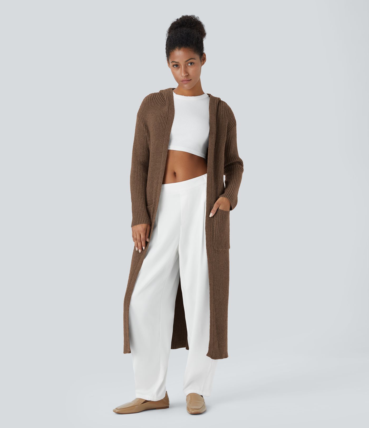 Hooded Long Sleeve Pocket Longline Casual Cardigan