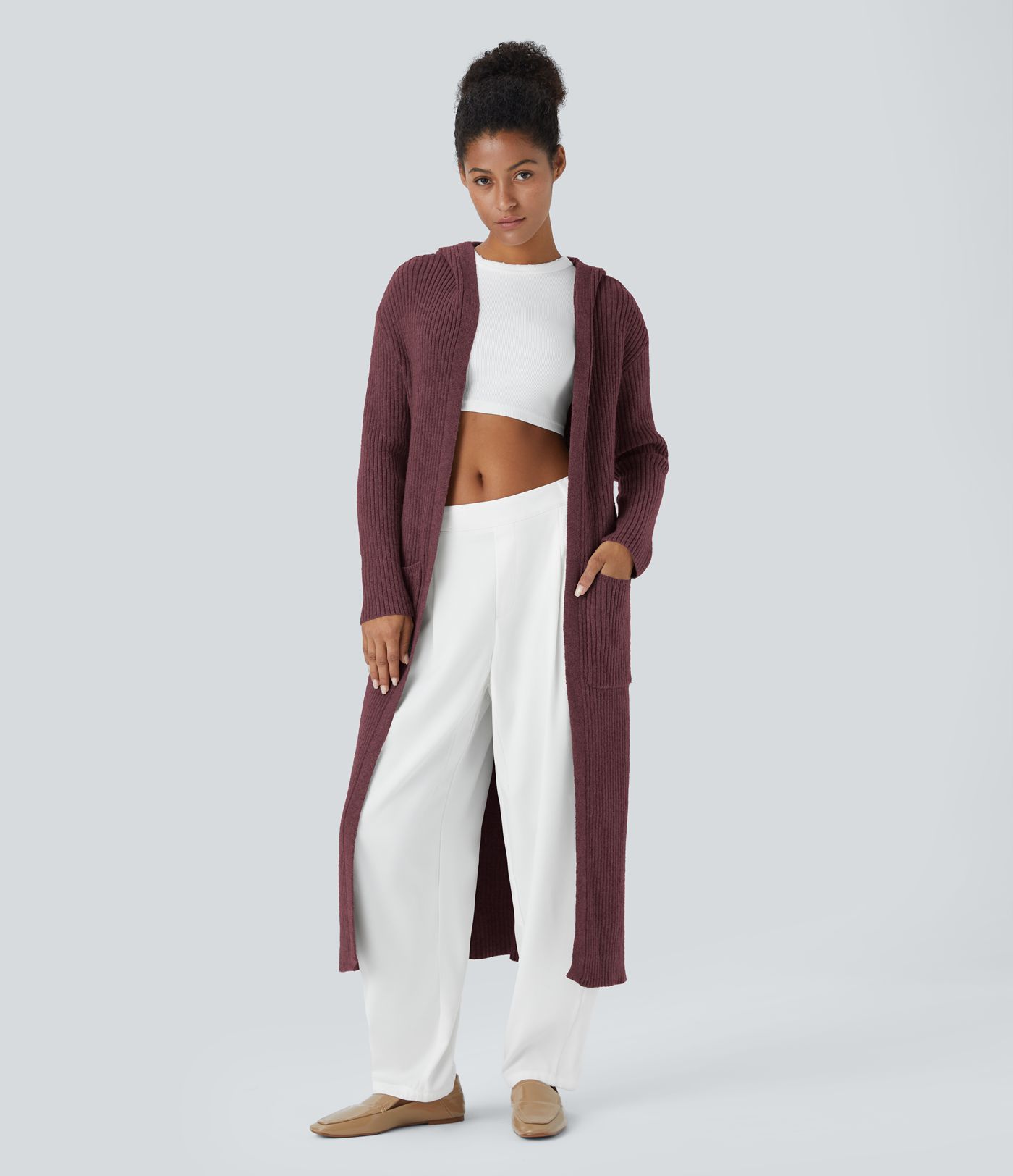 Geteilter Longline-Cardigan mit Kapuze, langen Ärmeln, Seitentasche