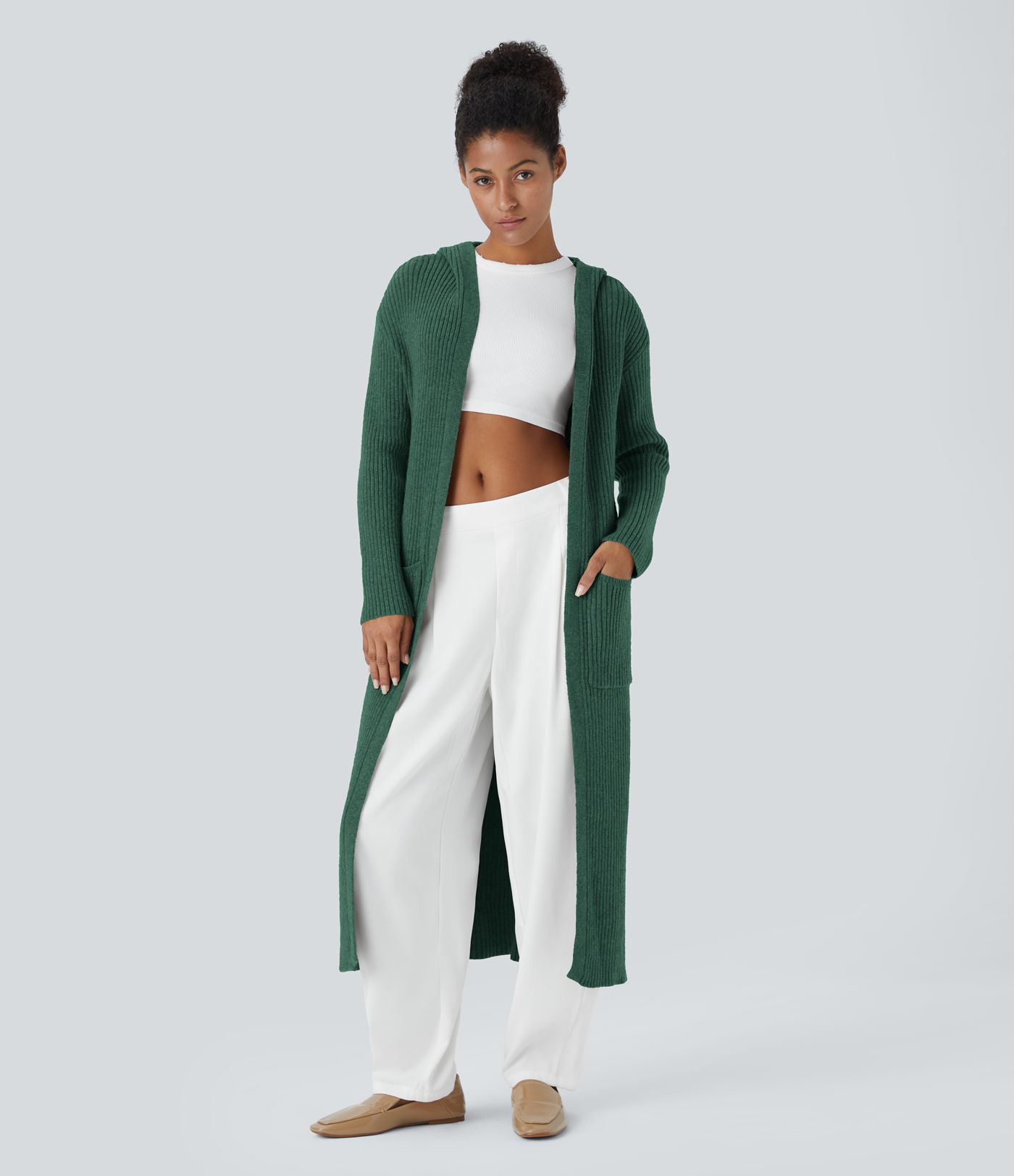 Cardigan lungo casual con cappuccio, maniche lunghe e tasca