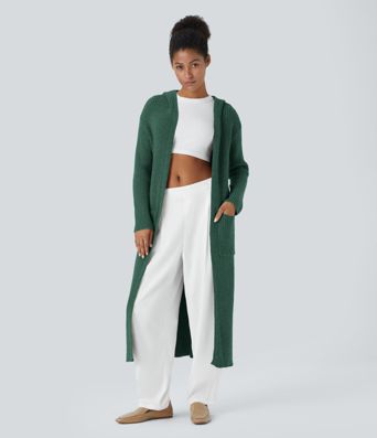 Cardigan lungo casual con cappuccio, maniche lunghe e tasca