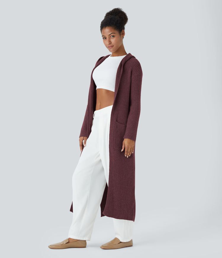 Geteilter Longline-Cardigan mit Kapuze, langen Ärmeln, Seitentasche