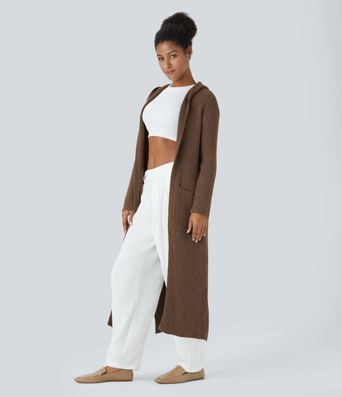 Hooded Long Sleeve Pocket Longline Casual Cardigan