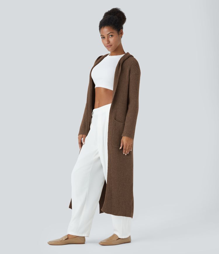 Hooded Long Sleeve Pocket Longline Casual Cardigan