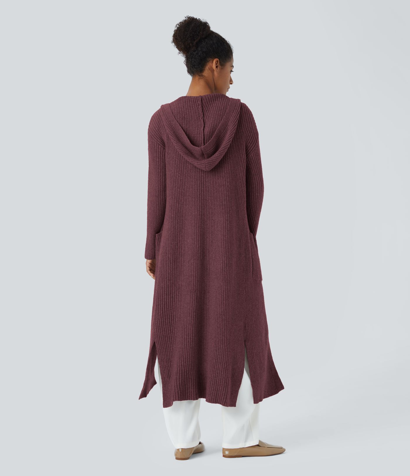 Geteilter Longline-Cardigan mit Kapuze, langen Ärmeln, Seitentasche