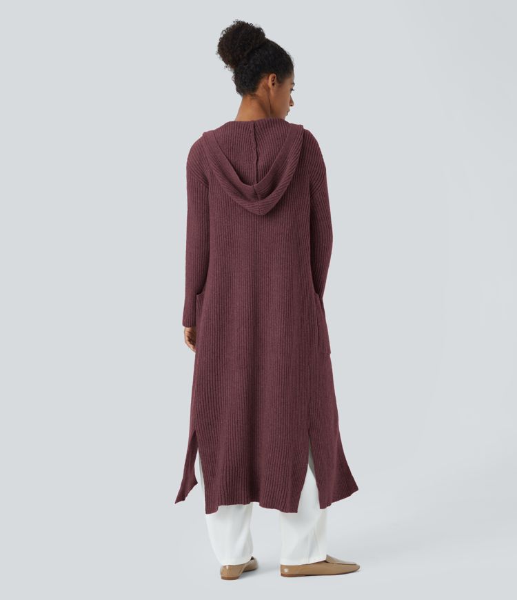 Geteilter Longline-Cardigan mit Kapuze, langen Ärmeln, Seitentasche
