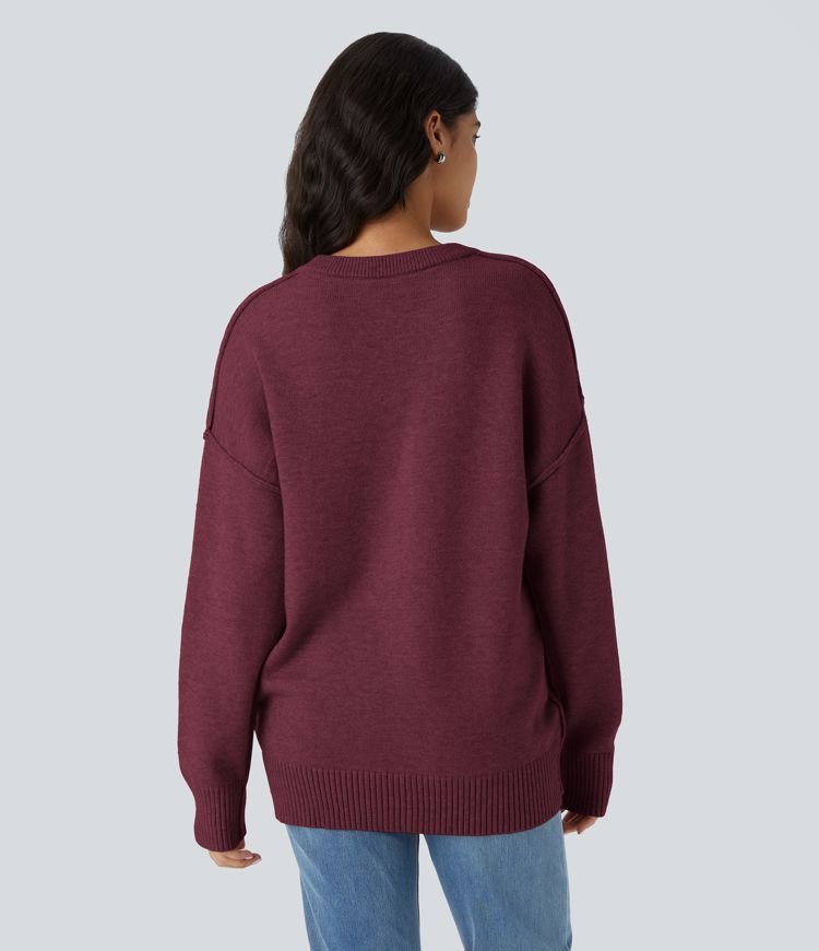 Pull décontracté à col rond, épaules tombantes et manches longues