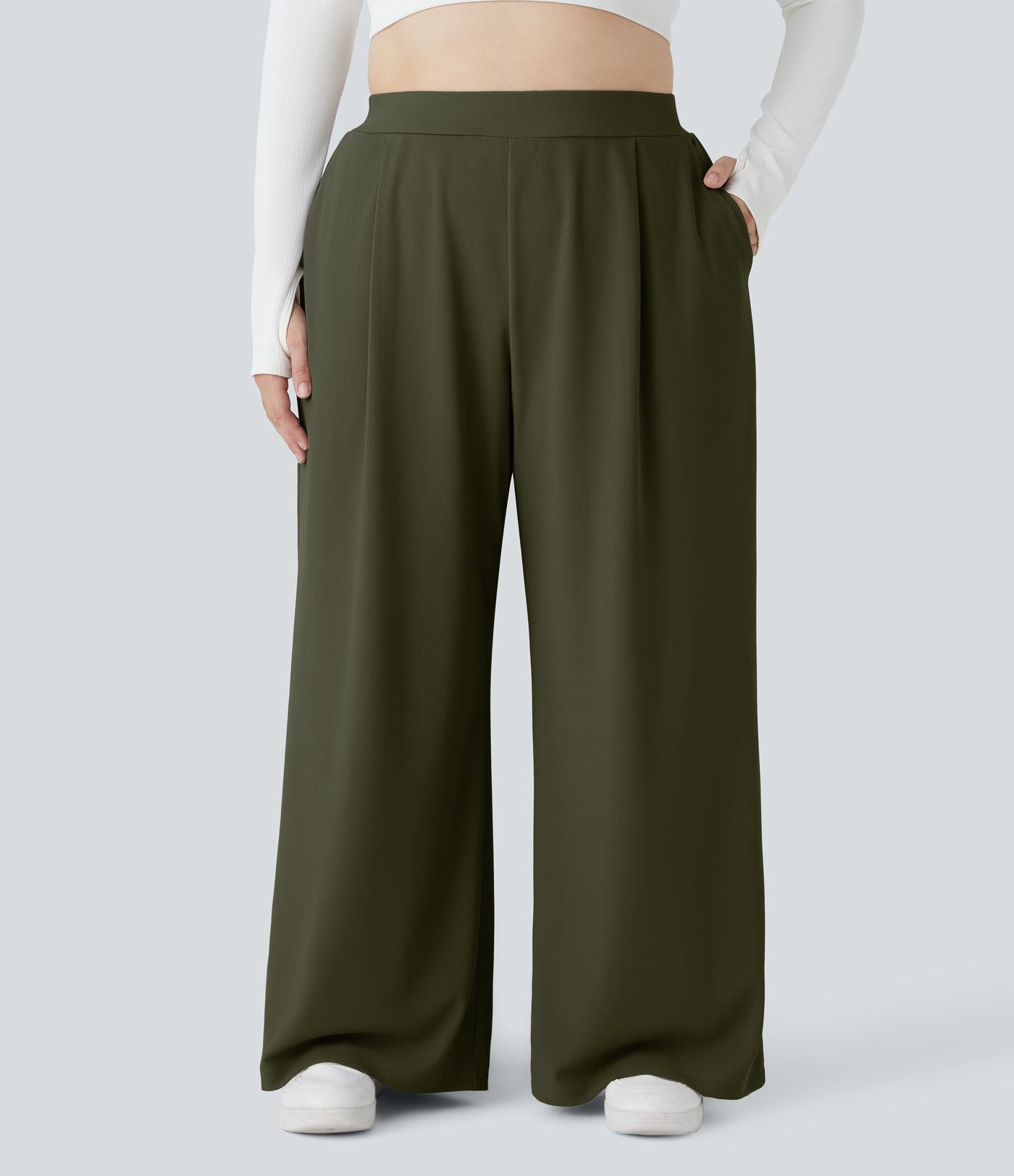 Pantalón Halara Flex™ oficina tiro alto control abdomen adelgazan tiro bolsillo lateral pierna ancha microgofre talla grande