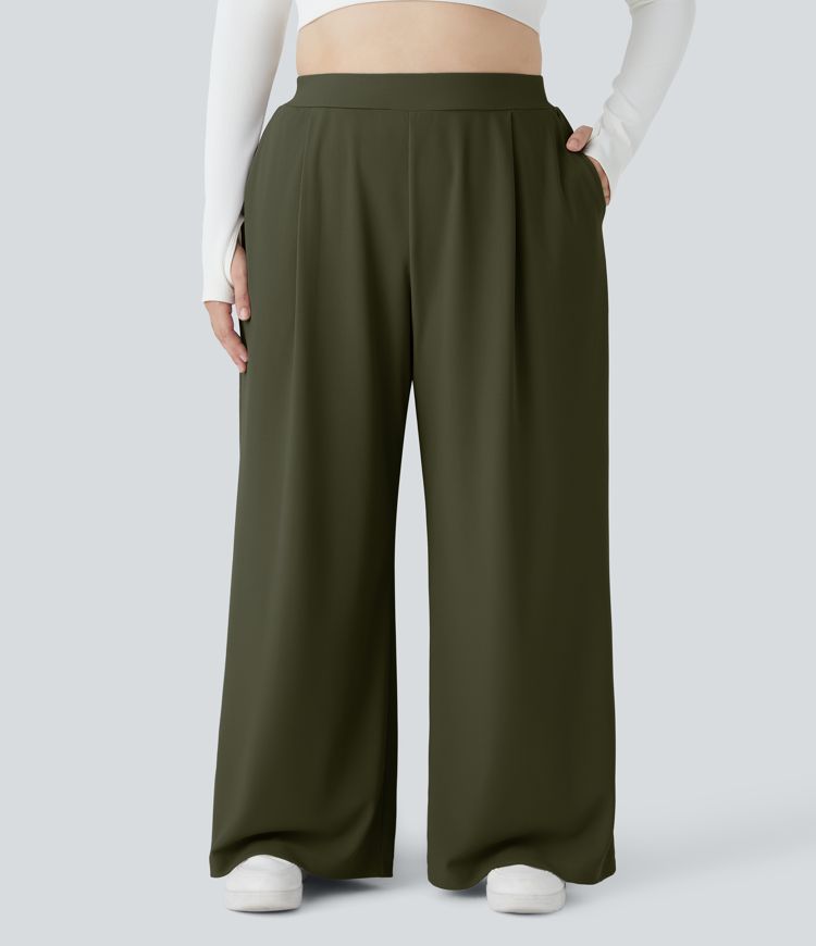 Pantalón Halara Flex™ oficina tiro alto control abdomen adelgazan tiro bolsillo lateral pierna ancha microgofre talla grande