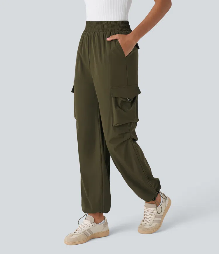 High-waist multi-pocket adjustable drawstring casual cargo pants