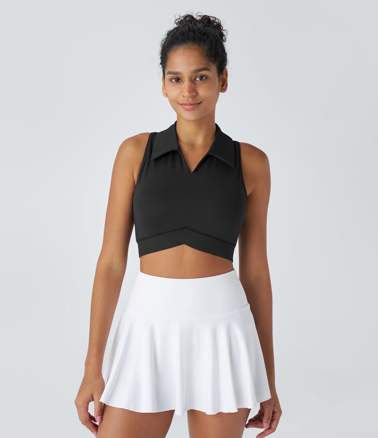 Polo collar V-neck backless racerback quick dry crop tennis tank top
