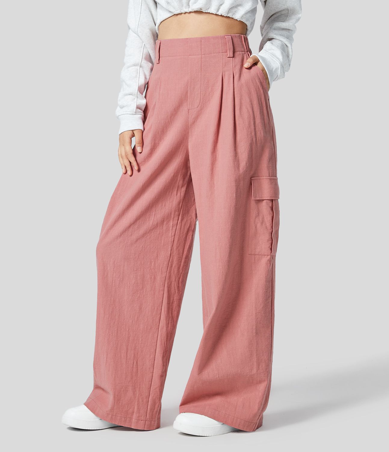 Pantalon Palazzo Fluide à Taille Haute avec Plis et Multiples Poches, Style Décontracté, Aspect Lin