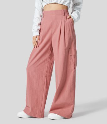 Pantalon Palazzo Fluide à Taille Haute avec Plis et Multiples Poches, Style Décontracté, Aspect Lin