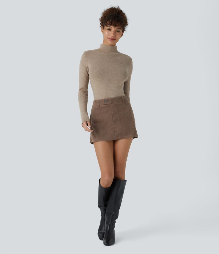 Jupe courte trapèze en velours côtelé taille mi-basse avec short intégré, bouton et fermeture éclair