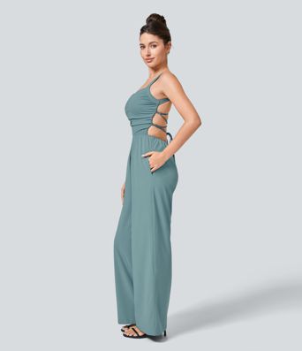 Breezeful™ Backless Crisscross Lace Up Side Pocket Quick Dry Casual Jumpsuit