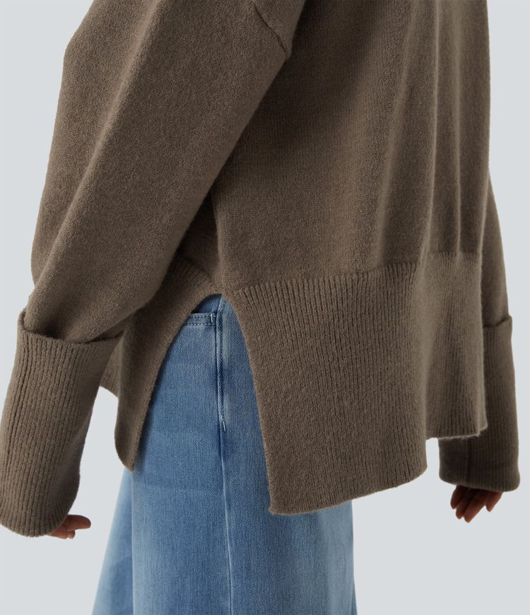 High Neck Drop Shoulder Long Sleeve Split Casual Sweater