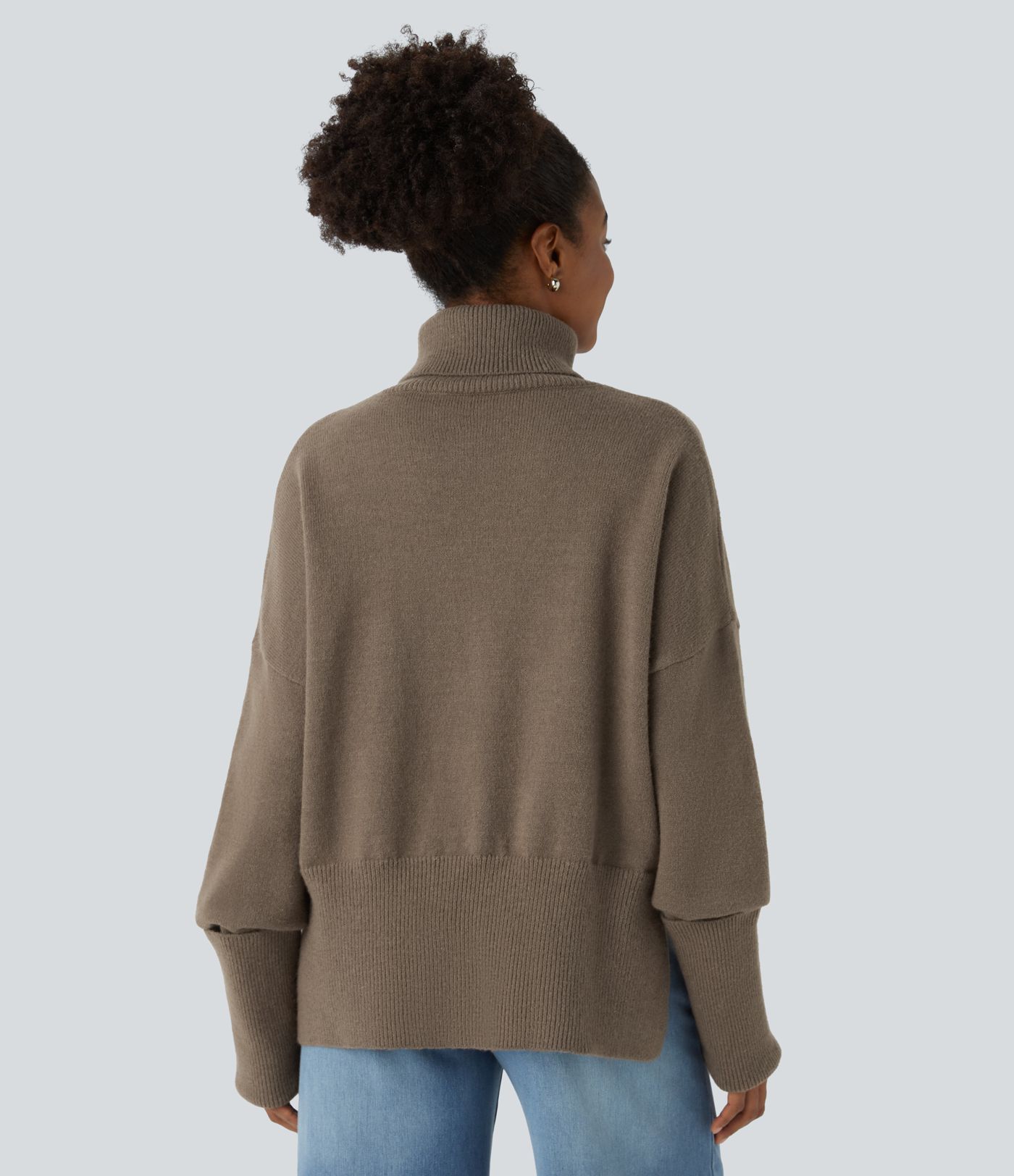 High Neck Drop Shoulder Long Sleeve Split Casual Sweater