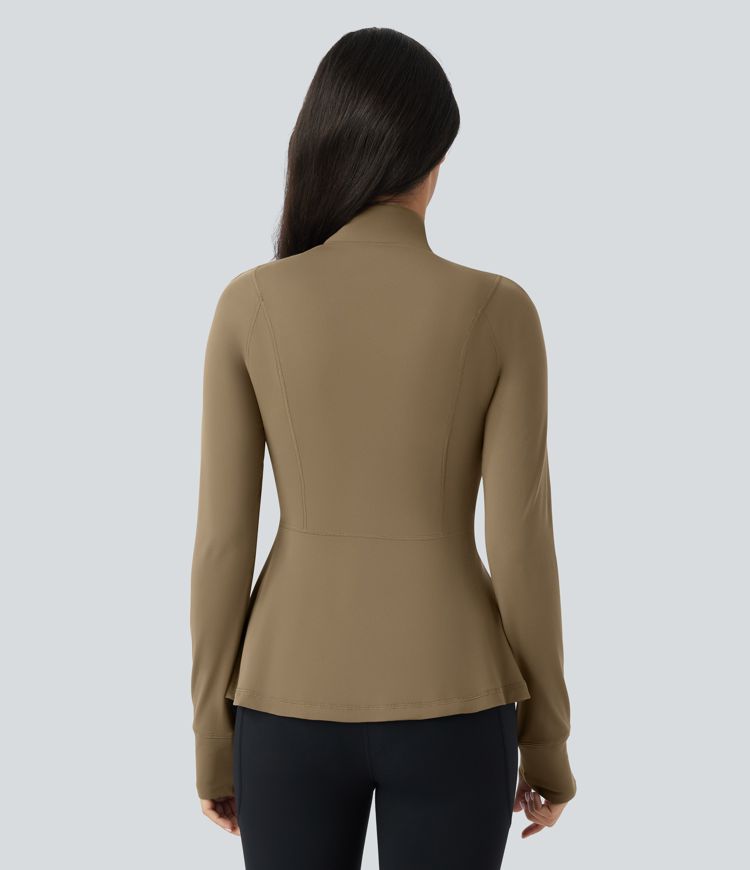Softlyzero™  Long Sleeve Thumb Hole Side Pocket Zipper Ruffle Hem Slim Yoga Jacket-UPF50+