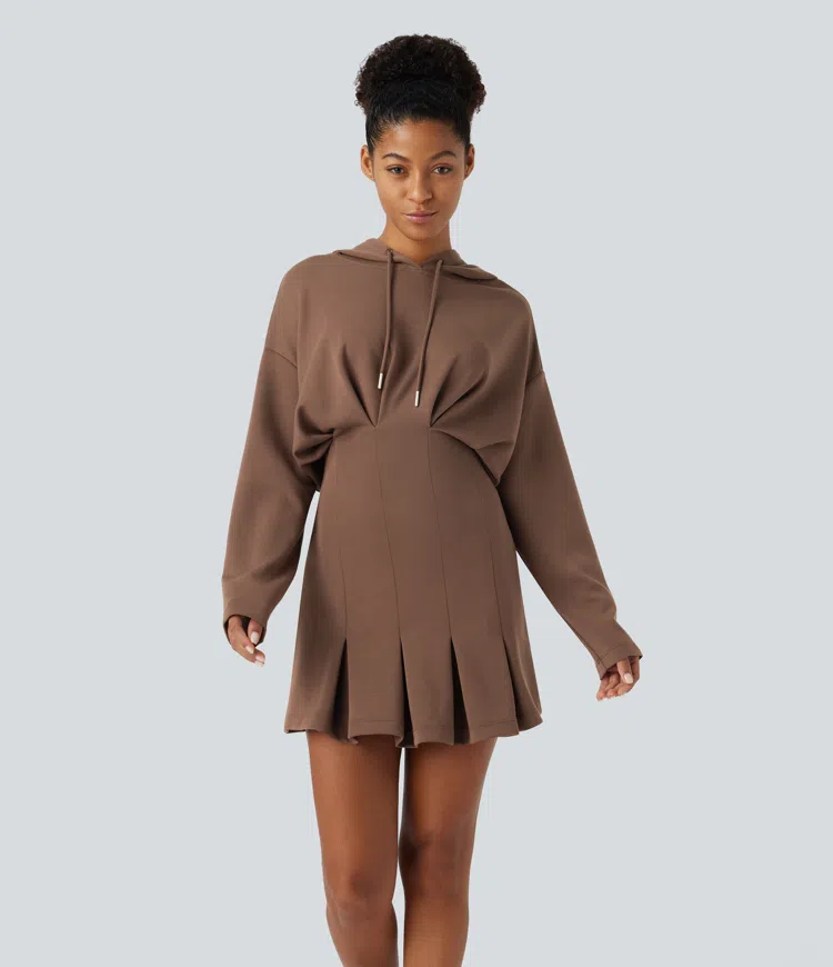 Drawstring Dropped Shoulder Long Sleeve Pleated Hem Hip Wrapped Mini Casual Hoodie Dress