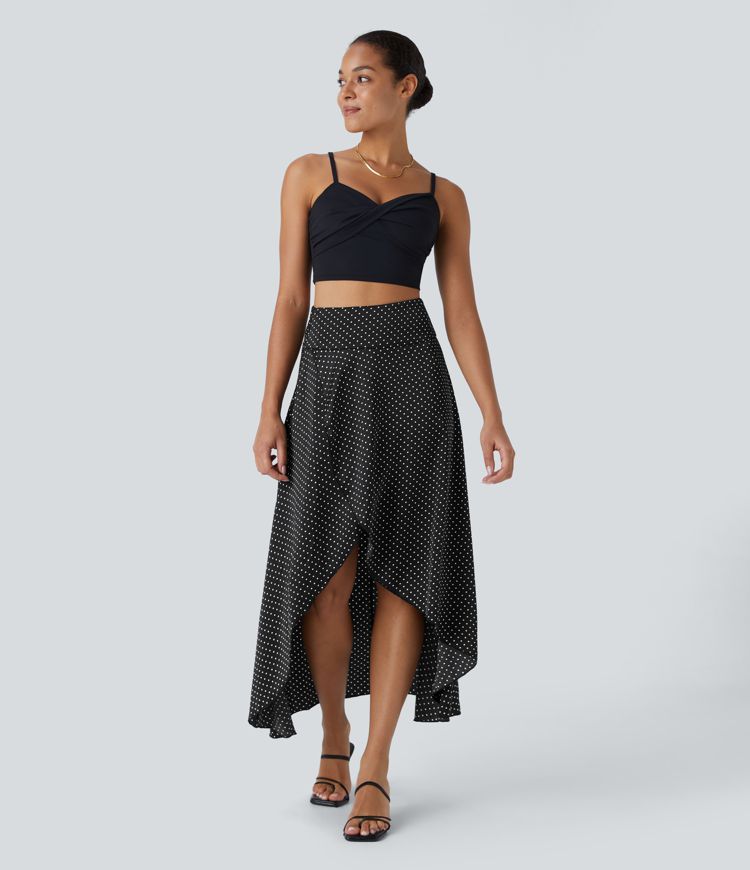 Jupe de Casual Maxi à Taille Mi-Haute avec Fermeture Éclair Volants Pois Ourlet Asymétrique Fluide