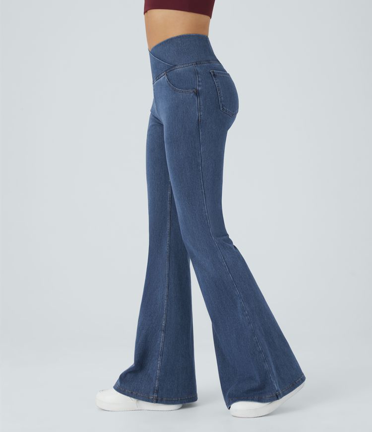 Halara Flex™ - Jean Ultra Evasé Tricot Extensible Lavé Poches Croisées Taille Haute