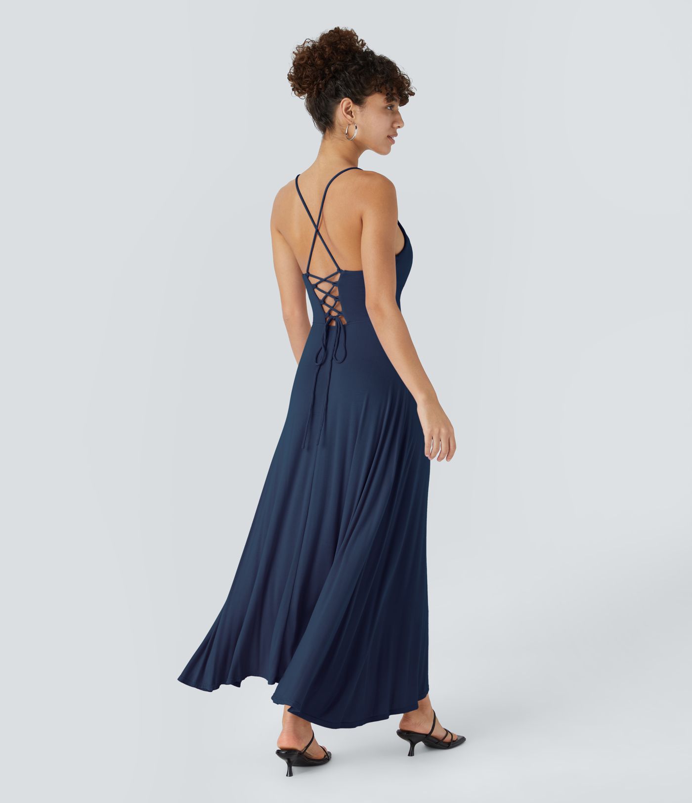 Ribbed Cowl Neck Lace Up Midi Dress