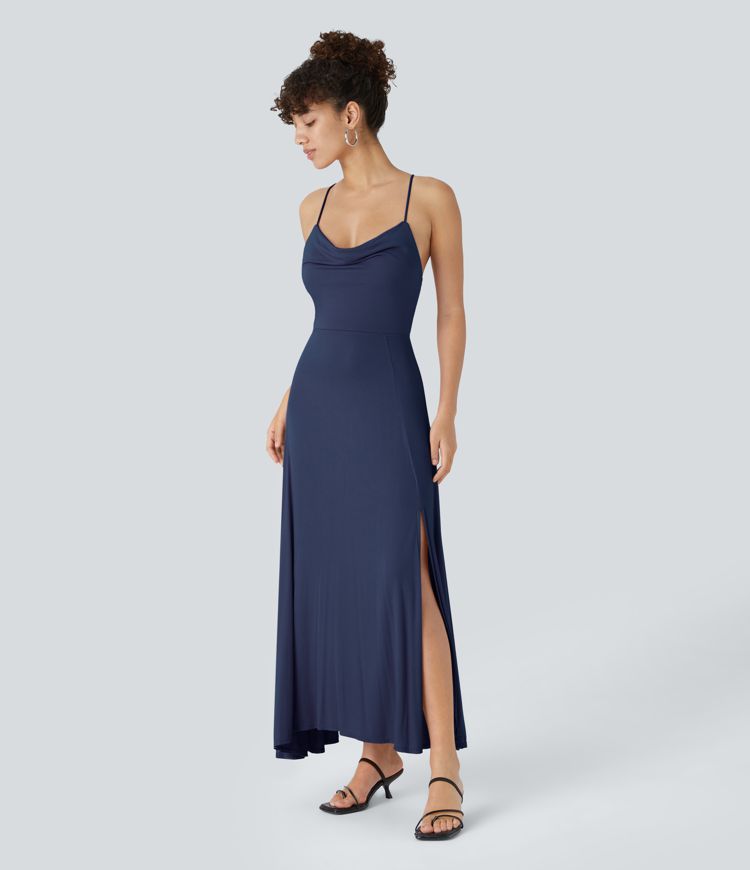 Ribbed Cowl Neck Lace Up Midi Dress