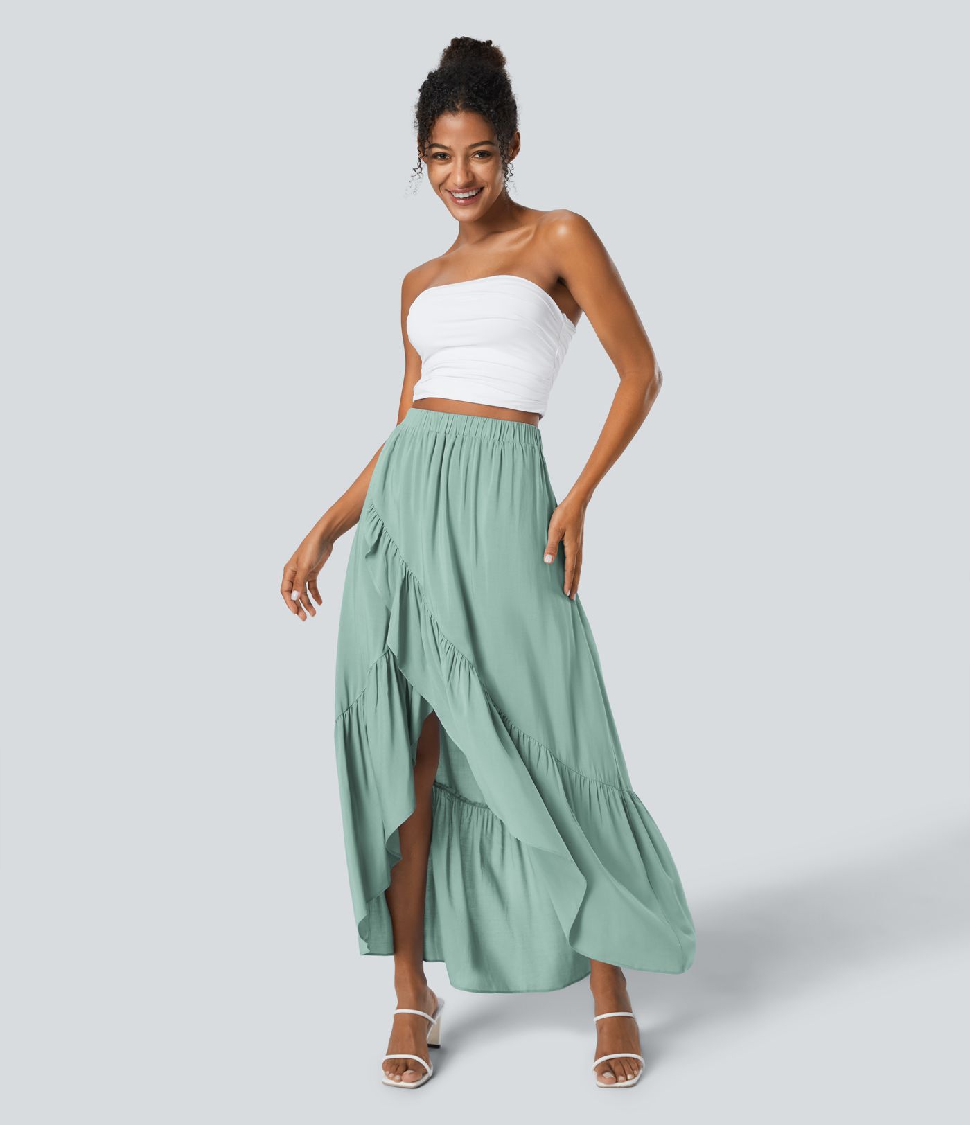 Fließender Maxi-Rock mit hoher Taille, plissiertem, hohem, tiefem Rüschensaum