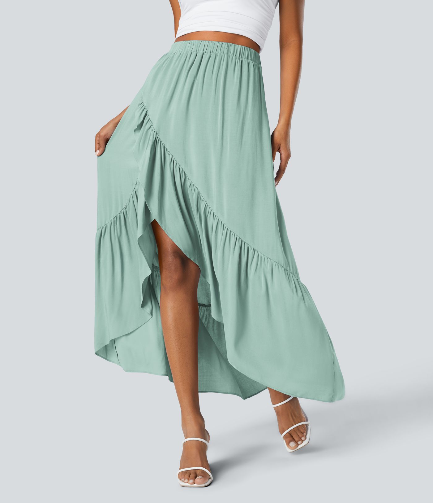 Fließender Maxi-Rock mit hoher Taille, plissiertem, hohem, tiefem Rüschensaum