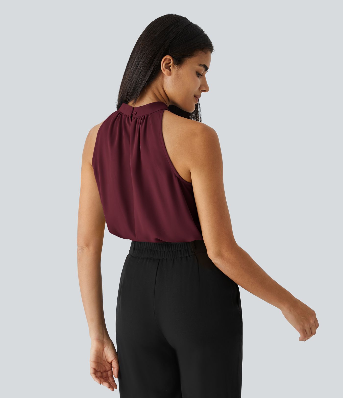 Keyhole Back Halter Sleeveless Curved Hem Women Work Blouse Top Shirt