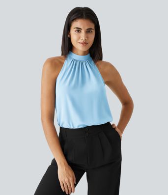 Blusen-Top mit Neckholder und Schlüssellochausschnitt, plissiert, ärmellos, abgerundeter Saum