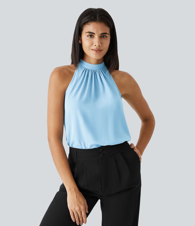 Blusen-Top mit Neckholder und Schlüssellochausschnitt, plissiert, ärmellos, abgerundeter Saum