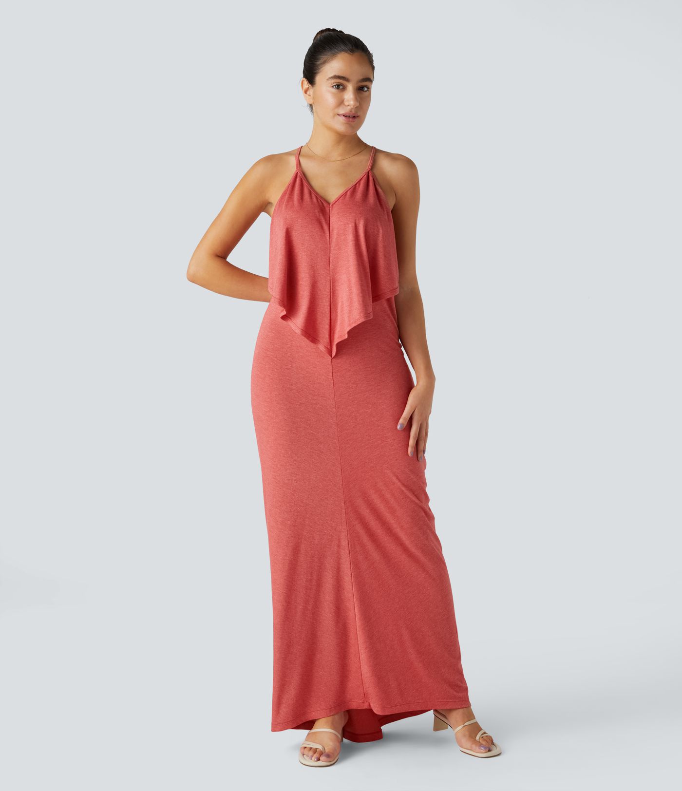 V Neck Tie Back Ruched Maxi Slip Dress