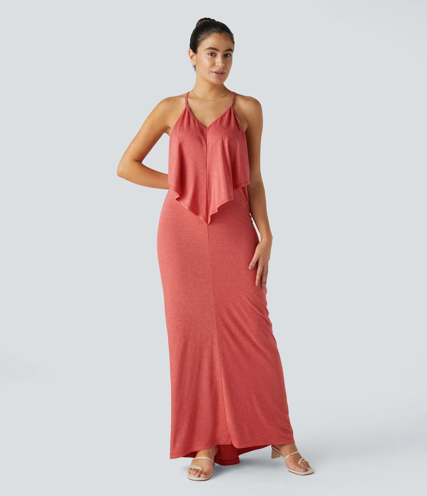 V Neck Tie Back Ruched Maxi Slip Dress