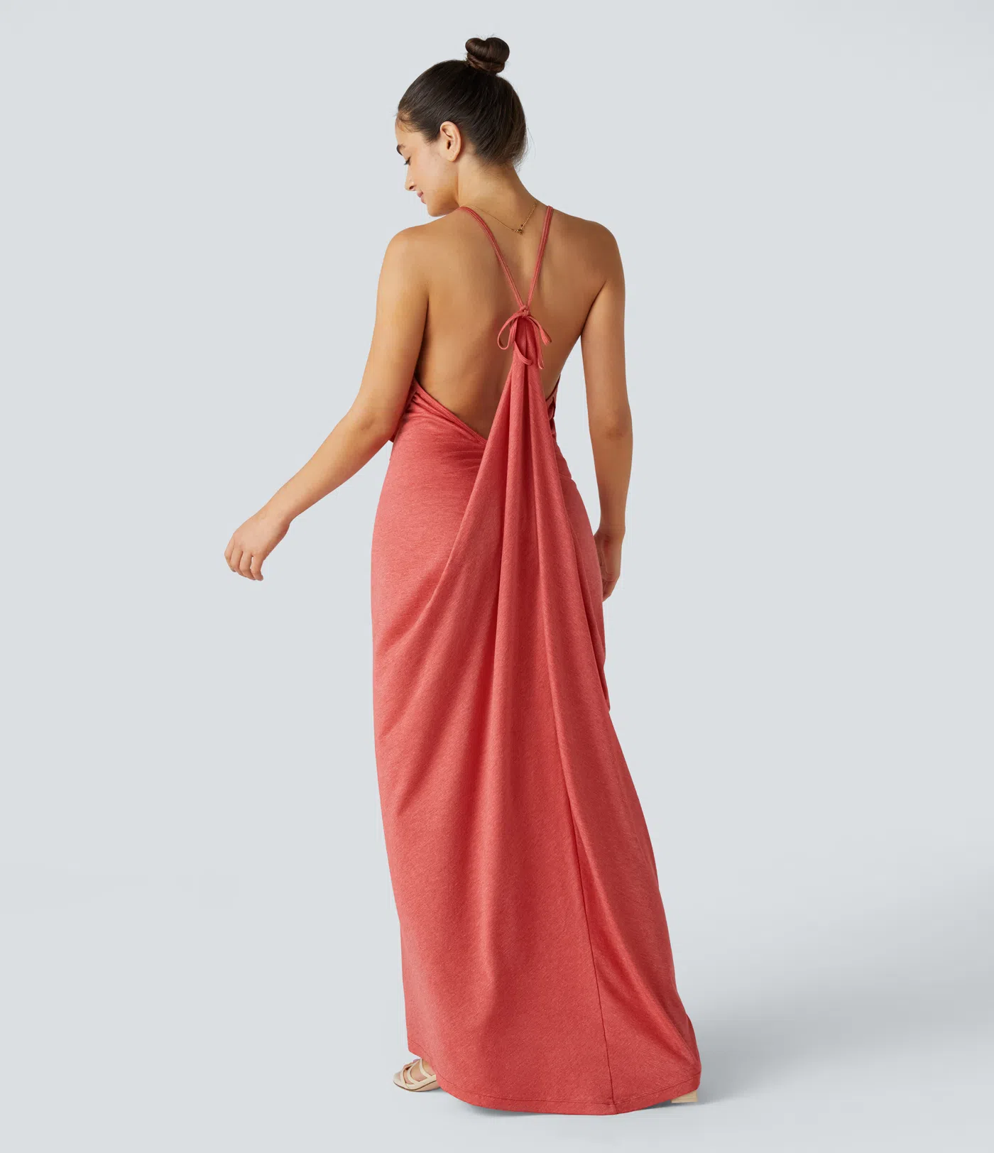 V Neck Tie Back Ruched Maxi Slip Dress