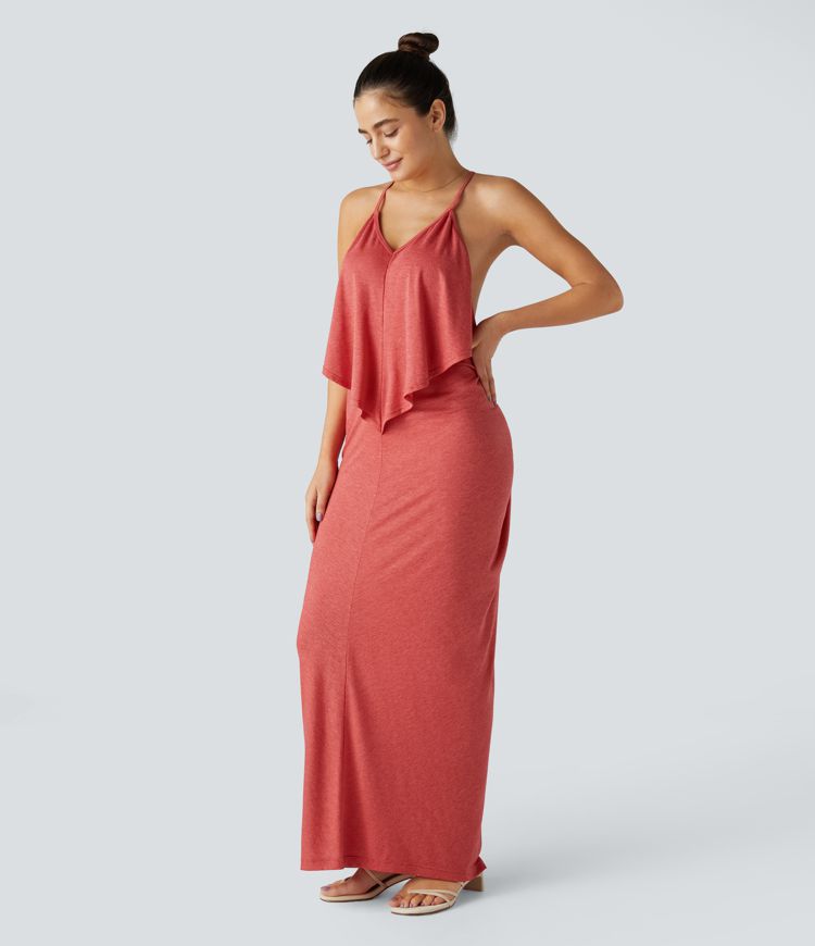 V Neck Tie Back Ruched Maxi Slip Dress